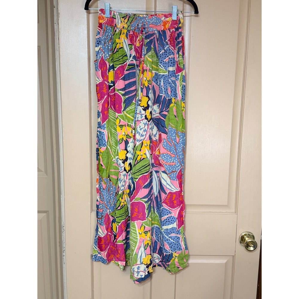 Angie Tropical Floral Wide Leg Pants Pink Blue Green Smocked Waist Large NWT